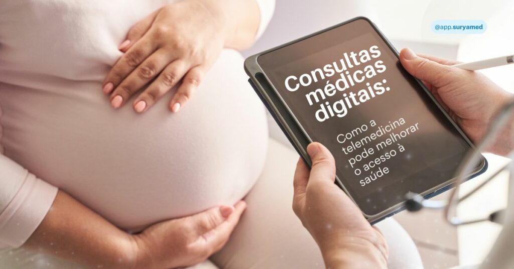 Grávida em consulta médica visualiza informações sobre telemedicina em um tablet, destacando os benefícios das consultas digitais.
