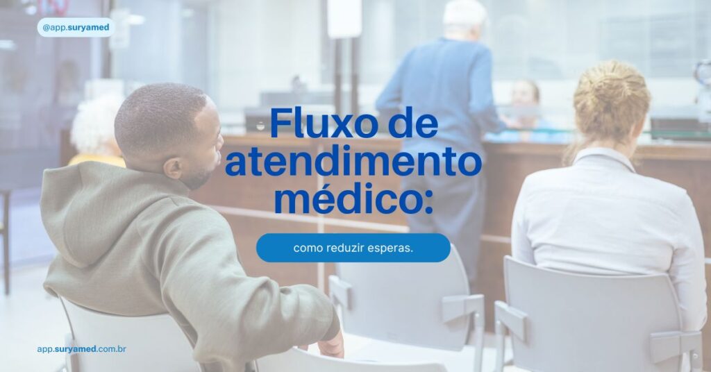 Pessoa sentada em sala de espera médica, olhando para o balcão de atendimento. O texto destaca fluxo de atendimento e redução de esperas.