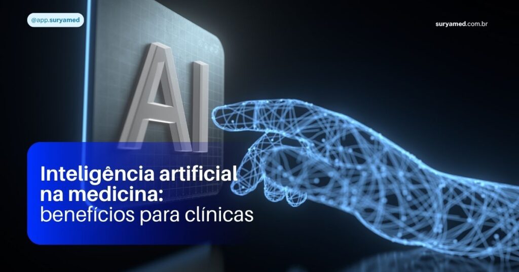 Mão digital em forma de rede neural toca uma tela com as letras ‘AI’, representando o uso da inteligência artificial na medicina.