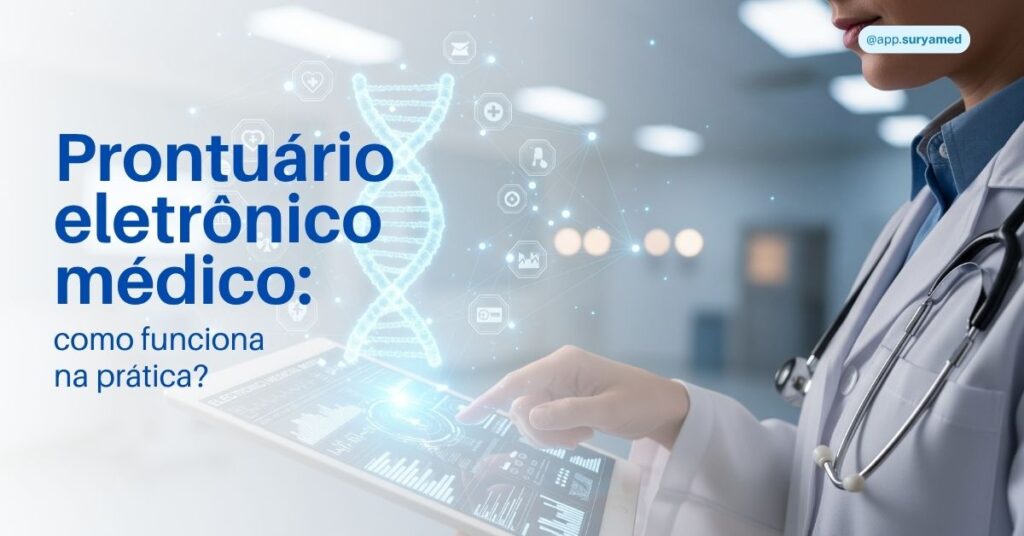 Médico utilizando tablet com holograma de DNA e ícones digitais, representando o uso de tecnologia e prontuário eletrônico na medicina.