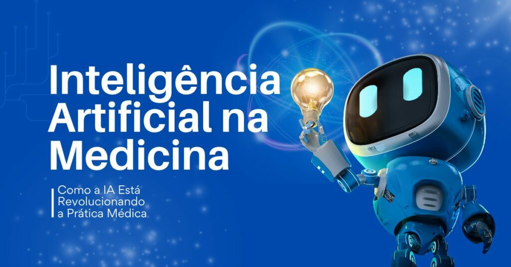 Imagem com fundo azul e um robô segurando uma lâmpada, representando inteligência artificial na medicina.