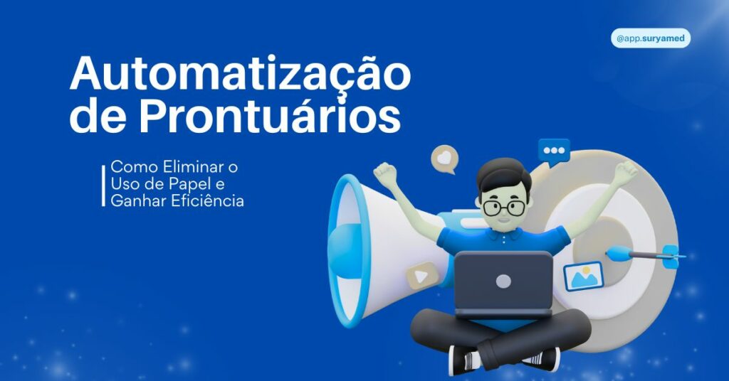 Ilustração de personagem com notebook, megafone e ícones digitais ao fundo.