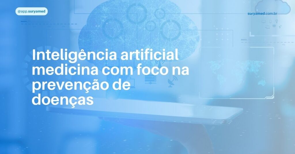 Imagem com tons de azul mostrando uma mão segurando um tablet, com um cérebro digital ao fundo simbolizando inteligência artificial na medicina.