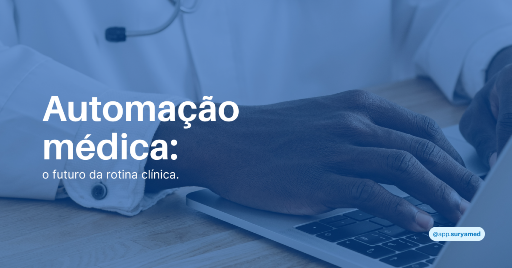 Médico digitando em laptop sobre fundo azul.